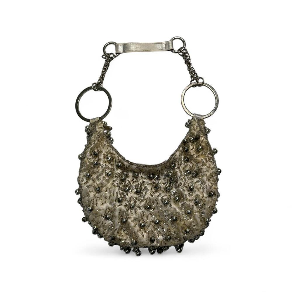 Y2K Vintage pearl dangly super stunning Silver beaded purse silver beads floral